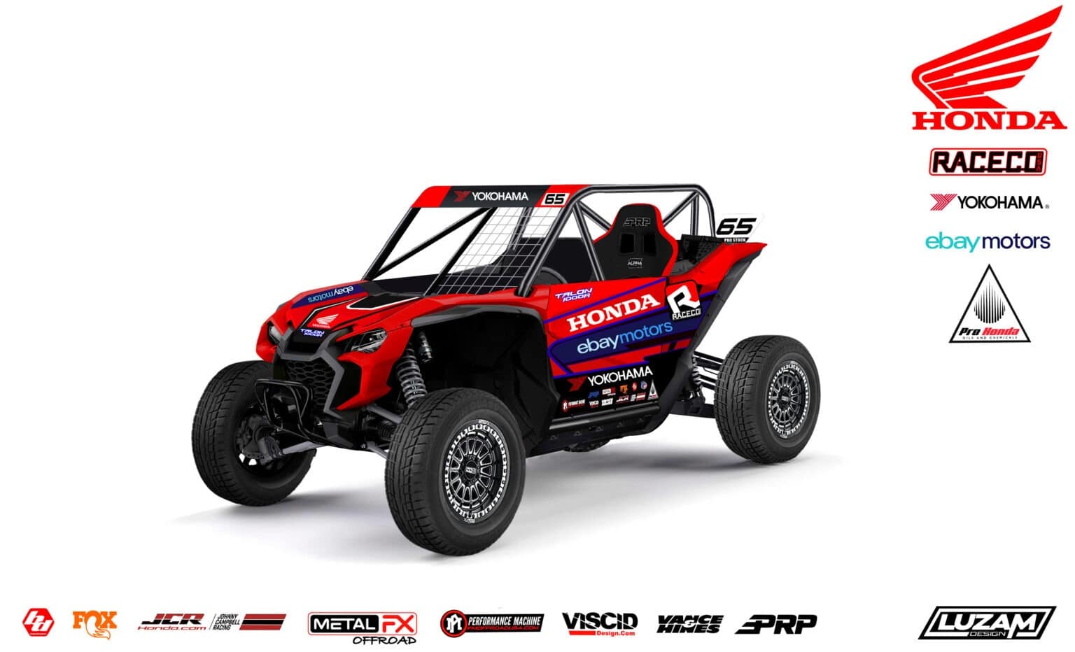 A list of sponsors underneath Team Raceco Honda's sports vehicle.